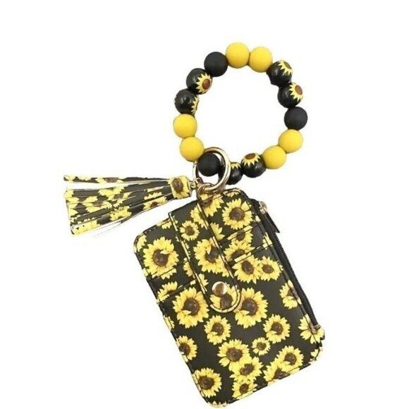 Sunflower Pattern Wallet Wristlet Keychain With Beaded Bracelet & Tassel New - Picture 1 of 3